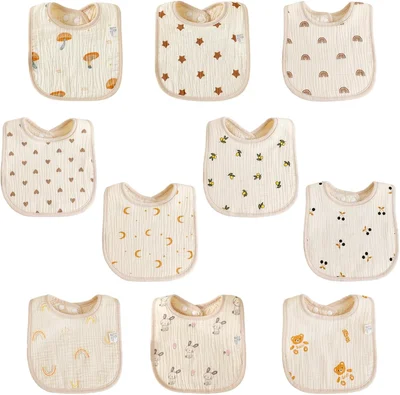10 PCS Newborn Bibs, Soft Cotton Baby Teething Bibs, Soft and Absorbent with Adjustable Snaps for Infant Toddler Boys Girls, One Size