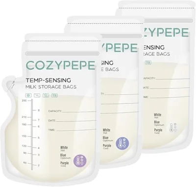 100 Pcs Breastmilk Storage Bags, 8oz/250ml Breast Milk Storing Bag with Pour Spout, Temperature-Sensing Color Change Milk Bag for Convenient Breastfeeding, No Leak Presterilized for Freezer