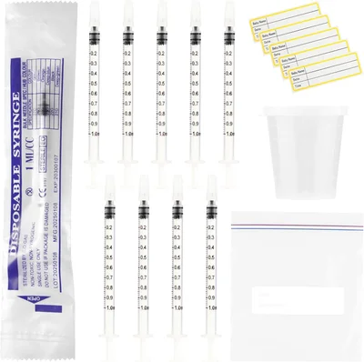 10Pcs 1ml Colostrum Syringes With Caps, Colostrum Collector Kit with 30ml Measuring Cup, Storage Bag and 10 Stickers, for Refilling, Measuring Liquids, Scientific Labs, Plant Watering, Pet Feeding
