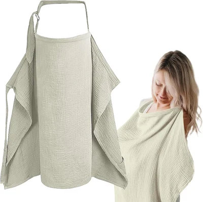 1Pcs Nursing Muslin Soft Breathable Breastfeeding Cover,Soft Breast Feeding Coverall,Adjustable Strap Breathable Breastfeeding Cover for Breastfeeding Multi Use Car Seat Stroller Cover(Khaki) - Khaki