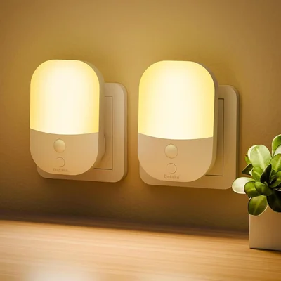 2 Pack Plug in Night Light with Dusk to Dawn Photocell Sensor, 5 Adjustable Brightness Levels, ON/Off/AUTO Modes, 3000K Warm White LED Night Light for Baby, Hallways, Stairs, Bedrooms, Kitchens, 0.3W