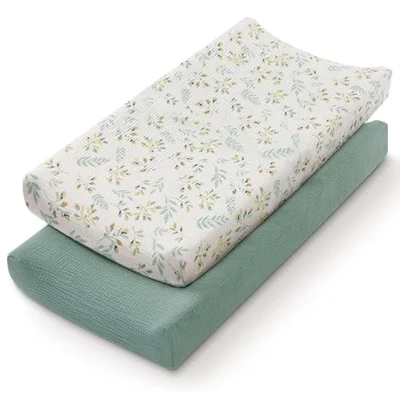 2 Pcs Muslin Changing Pad Baby Diaper Changing Pad Cover Elastic Cute Super Soft Breathable Tailored Snug Fit Single Baby Diaper Soft Changing Pad Sheets Flexible Cover Comfortable - Green & Beige / 32"x16"x4"