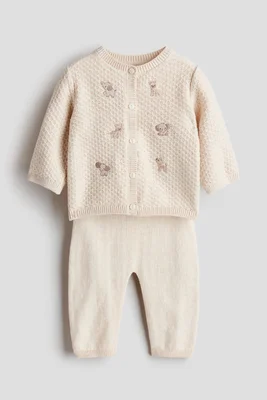 2-piece embroidery-detail cotton set - Light Beige/animals