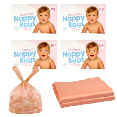 200 Coloured Nappy Bags with Tie Handles - Fragranced for Eliminating Odours, Durable and Leak-proof, Light-weight and Perfect for Babies Travel Bags
