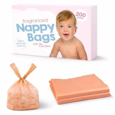 200 Coloured Nappy Bags with Tie Handles - Fragranced for Eliminating Odours, Durable and Leak-proof, Light-weight and Perfect for Babies Travel Bags - Colored / 1 count (Pack of 1)