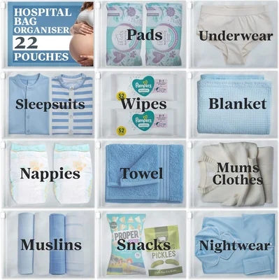 22 x Maternity Hospital Bag Organiser Pouches - Hospital Bag Maternity Essentials for Newborn Baby Changing Bag or Baby Hospital Bag Organiser Pouches - 38 x 28cm Hospital Organiser Pouches Labelled