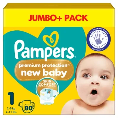 Pampers Premium Protection New Baby Size 1, 80 Nappies, 2kg-5kg, Jumbo+ Pack - Default