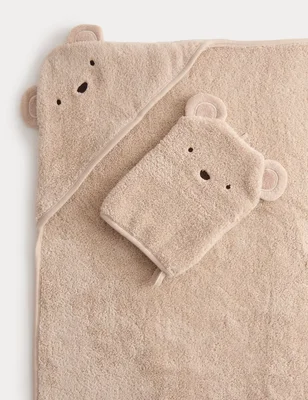 2pc Pure Cotton Bear Hooded Towel & Wash Mitt - Grey