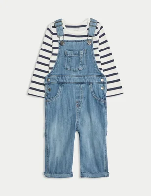 2pc Pure Cotton Denim Dungaree Outfit (0-3 Yrs) - Dark Denim