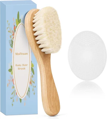 2PCS Baby Hair Brush, Goat Bristles Brush and Baby Silicone Brush Set for Cradle Cap Wood Bristle Brush for Newborns and Toddlers