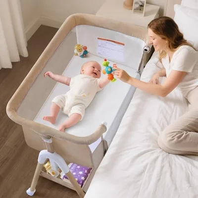 3 in 1 Baby Beside Crib for Babies from Birth to 9kg, Portable Baby Cot Bed Travel Baby Bassinet Bedside Crib Adjustable Height & Incline 4 Lockable Wheels Baby Co-Sleeper for Newborn Infant Khaki - Khaki / 92L x 52W x 74H cm