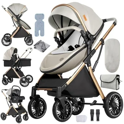 3 in 1 Baby Stroller with Bassinet Mode,Foldable Travel System,Reclining Pushchair,Newborn to Toddler,All-Terrain Wheels,Includes Rain Cover,Footmuff & Accessories(Beige)