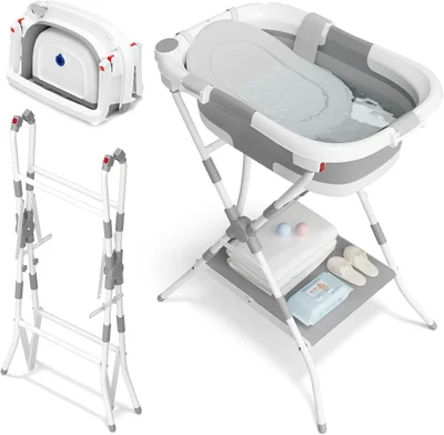 3 in 1 Foldable Baby Bath with Stand, Baby Bathtub with Bath Support Net, Suitable for Newborns to Toddlers, Multi-Use and Folding Design for Storage, Ideal for Travel and Outdoor