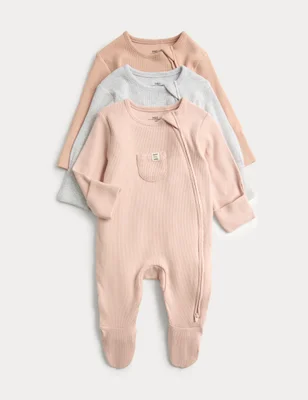 3 Pack Cotton Rich Ribbed Sleepsuits (6½lbs-3 Yrs) - Oatmeal