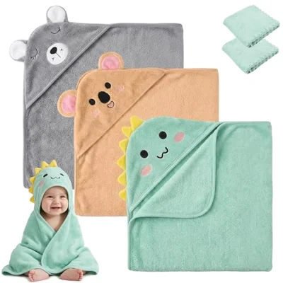 3 Pack Hooded Baby Towel - 80x80CM Soft Bath Towel with 2 Square Scarvesfor Bathtub Ultra Absorbent Baby Bath Towels Natural Baby Stuff Towel for Babie, Infant Newborn Boy Girl(Green, Camel, Gray) - Green, Camel, Gray / 80x80cm