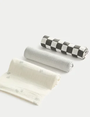 3 Pack Pure Cotton Checked Muslin Squares - Grey Mix