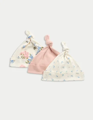 3 Pack Pure Cotton Floral Hats (0-12 Mths) - Light Caramel