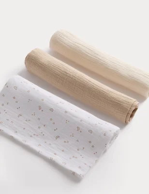 3 Pack Pure Cotton Muslins - White