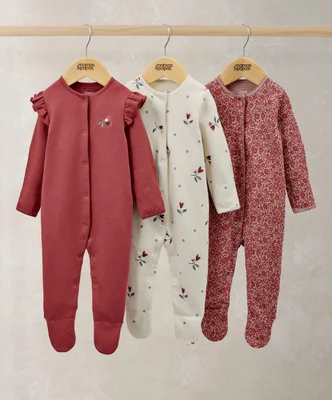 3-Pack Sleepsuits Multicolour 3-6 Months Cotton Baby Onesies Heart & Floral Print Long Sleeve Soft Sleepsuits for Baby Girl & Boy