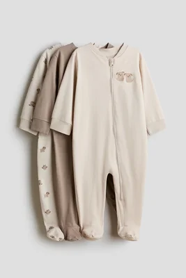 3-pack zip-up sleepsuits - Beige/puppies