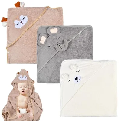 3Pcs Hooded Baby Towels, Ultra Soft Newborn Towels with Hood, Cute Animal Design Absorbent Baby Bath Towels for Newborn Boys and Girls, 80x80cm