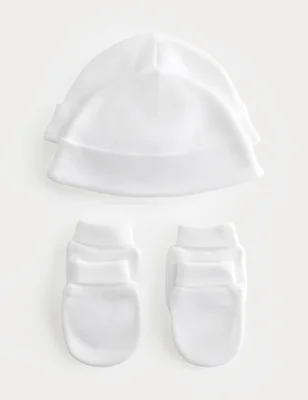4 Pack Pure Cotton Hat & Mittens Set (5lbs-6 Mths) - White