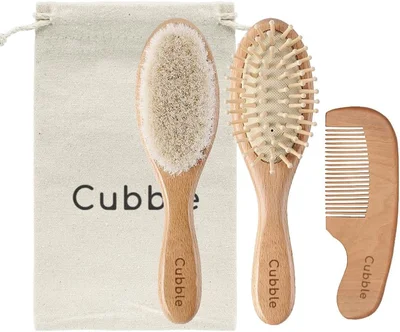 Cubble 4-Piece Baby Hair Brush and Comb Set with Storage Bag for Newborns and Toddlers, 100% Natural Beech Wood Hair Brush with Soft Goat Bristles and Comb, Cradle Cap Treatment and Massage Brush