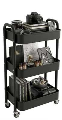 4-Tier Storage Rolling Cart Trolley Metal Mobile Shelving Organiser with 360° Swivel Wheels for Kitchen, Bedroom, Bathroom Laundry Office Multi-Purpose Rolling Organizer Trolley Shelf (White) (White)