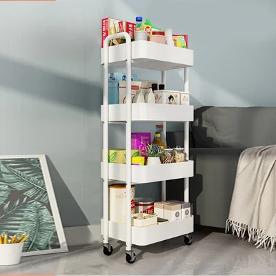 4-Tier Storage Rolling Cart Trolley Metal Mobile Shelving Organiser with 360ยฐ Swivel Wheels for Kitchen, Bedroom, Bathroom Laundry Office Multi-Purpose Rolling Organizer Trolley Shelf - White 4-Tier