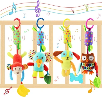 4packs Baby Pram Pushchair Toys Hanging Rattle Sensory Educational Toy, Newborn Pram Toys Car Seat Crib Travel Activity Plush Animal Wind Chime with Teether for Boys Girls (4 packs) - Default