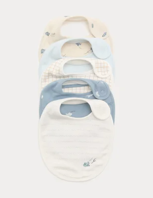 5 Pack Cotton Rich Plane Print Dribble Bibs - Blue Mix