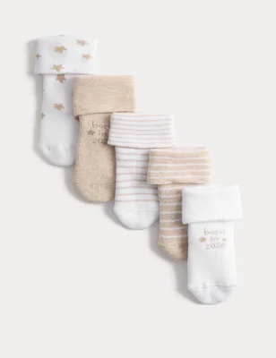 5 Pack Cotton Rich Terry Born in 2026 Socks (0-12 Mths) - White Mix