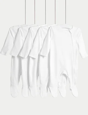 5 Pack Pure Cotton Zip Front Sleepsuits (5lbs-3 Yrs) - White