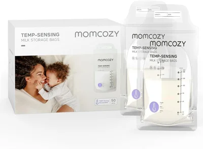 50PCS Momcozy Breastmilk Storing Bags, Temp-Sensing Discoloration Milk Storing Bags for Breastfeeding, Disposable Milk Storage Bag with 6oz Self Standing, No-Leak Milk Freezer Storage Pouches - Temperature Sensing / 50PCS