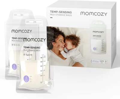 50PCS Momcozy Breastmilk Storing Bags, Temp-Sensing Discoloration Milk Storing Bags for Breastfeeding, Disposable Milk Storage Bag with 6oz Self Standing, No-Leak Milk Freezer Storage Pouches - 120PCS