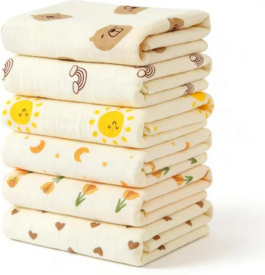6 Pack Burp Cloths, 25x25cm Baby Muslin Cloths, 100% Cotton Soft & Breathable Muslin Squares, New Born Baby Essentials for Boys Girls Burp, Bathe, Wash Face, Drink Milk, Wiping