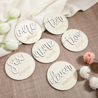 6 Pcs Baby Milestone Cards, Double Sided Wooden Monthly Milestone Signs 10CM 3D Newborn Age Announcement Sign from 1-12 Months - White
