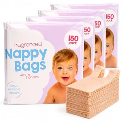 600 Coloured Nappy Bags with Tie Handles, Fragranced for Eliminating Odours, Durable and Leak-proof, Light-weight and Perfect for Babies Travel Bags 4 x 150 - 1 count (Pack of 600)