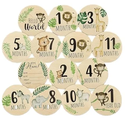 7 Pcs Baby Milestone Cards, Wooden Milestone Baby Cards, Double-Sided Wooden Monthly Newborn Welcome Signs, 10cm Round Month Baby Milestone Signs for New Parents Gift Set (Animal Theme)