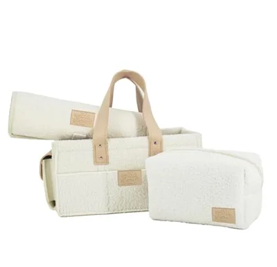A Beautiful Creation Nappy Caddy Organiser Set with Changing Mat and Zipped Bag, Cream Teddy Material, Portable Baby Diaper Caddy, 38x25x18cm