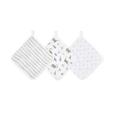 aden + anais Essentials Cotton Muslin Washcloths Set - 3 Pack - Dino Jungle - Dino Jungle