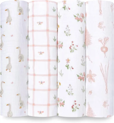 aden + anais Essentials Disney Baby Muslin Swaddle Blankets, Newborn Receiving Blanket for Swaddling, 100% Cotton Baby Swaddle Wrap, 4 Pack, Country Floral - Country Floral