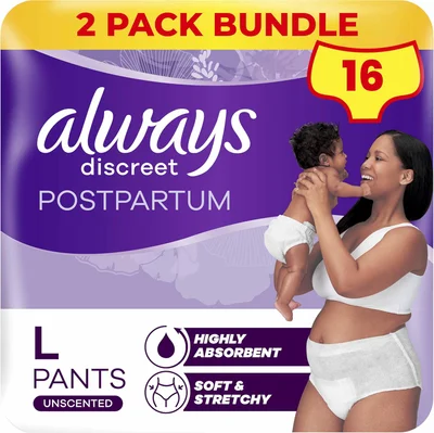 Always Discreet Postpartum & Adult Incontinence Pants High-Waisted Maternity Knickers Super Absorbent, Soft & Breathable Size Large, 16 Count (8 x 2 Packs) - LARGE