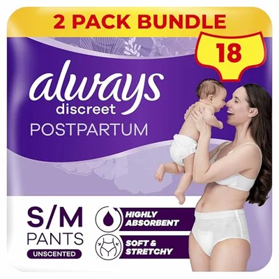 Always Discreet Postpartum & Adult Incontinence Pants High-Waisted Maternity Knickers Super Absorbent, Soft & Breathable Size Medium, 18 Count (9 x 2 Packs)