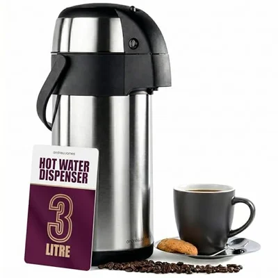 Andrew James Thermal Coffee Carafe, 3L Airpot, Double Walled Insulation, Stainless Steel Pump Action Hot Water Dispenser, Insulated Tea & Coffee Flask, 360° Rotating Base, Carry Handle & Safety Lock - Black / 3 l without Drip Tray