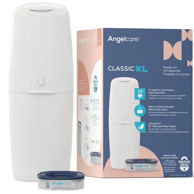 Angelcare Classic XL Nappy Bin - holds up to 70 nappies - simple no twist refills - for less film use - get more nappies per cassette and save! Includes 1 octo refill cassette - White