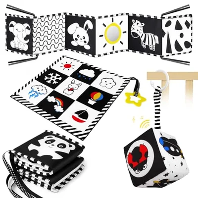 Aolso Black and White High Contrast Sensory Toys, Baby Sensory Toys Set, Baby Infant Newborn 0-3-6-9-12 Months, Montessori Toys with With Teether, Rattle for Babies Sensory Soft Book - Panda / 80*13.5cm, 29.5cm, 23*8cm