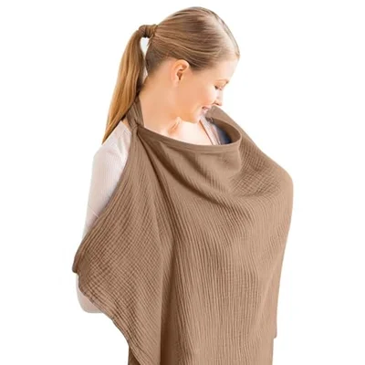 Aolso Breastfeeding Cover Nursing Cover, Muslin Cotton Soft Breathable Nursing Cover, Adjustable Strap Breast Feeding Coverall for Car Seat Blanket and Stroller Coverall (Camel) - Camel
