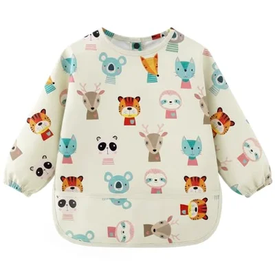 AOOTE Baby Bibs with Sleeves, Weaning Bib with Long Sleeves, Long Sleeve PU Waterproof Bibs, Machine Washable, Easy Clean, Soft Material, Unisex Feeding Bib Apron for Infant Toddler 6 to 12 Months - Animals / infant