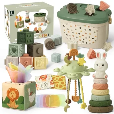 Auezona 5 in 1 Montessori Baby Toys for 6-12 Months โ Stacking Toys, Shape Sorter, Baby Tissue Box, Sensory & Early Development Toy | Gift for 6+ Month Old Babies - Green 5 in 1
